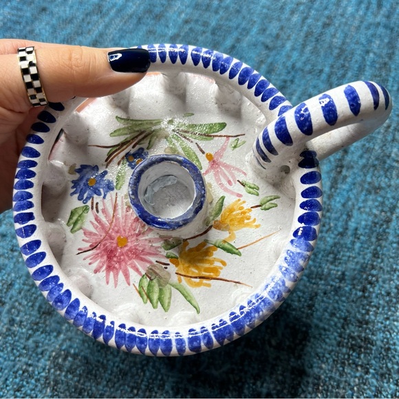 Vintage 70s Hand Painted Studio Pottery Candle Holder Finger Loop Floral Signed - Picture 6 of 13